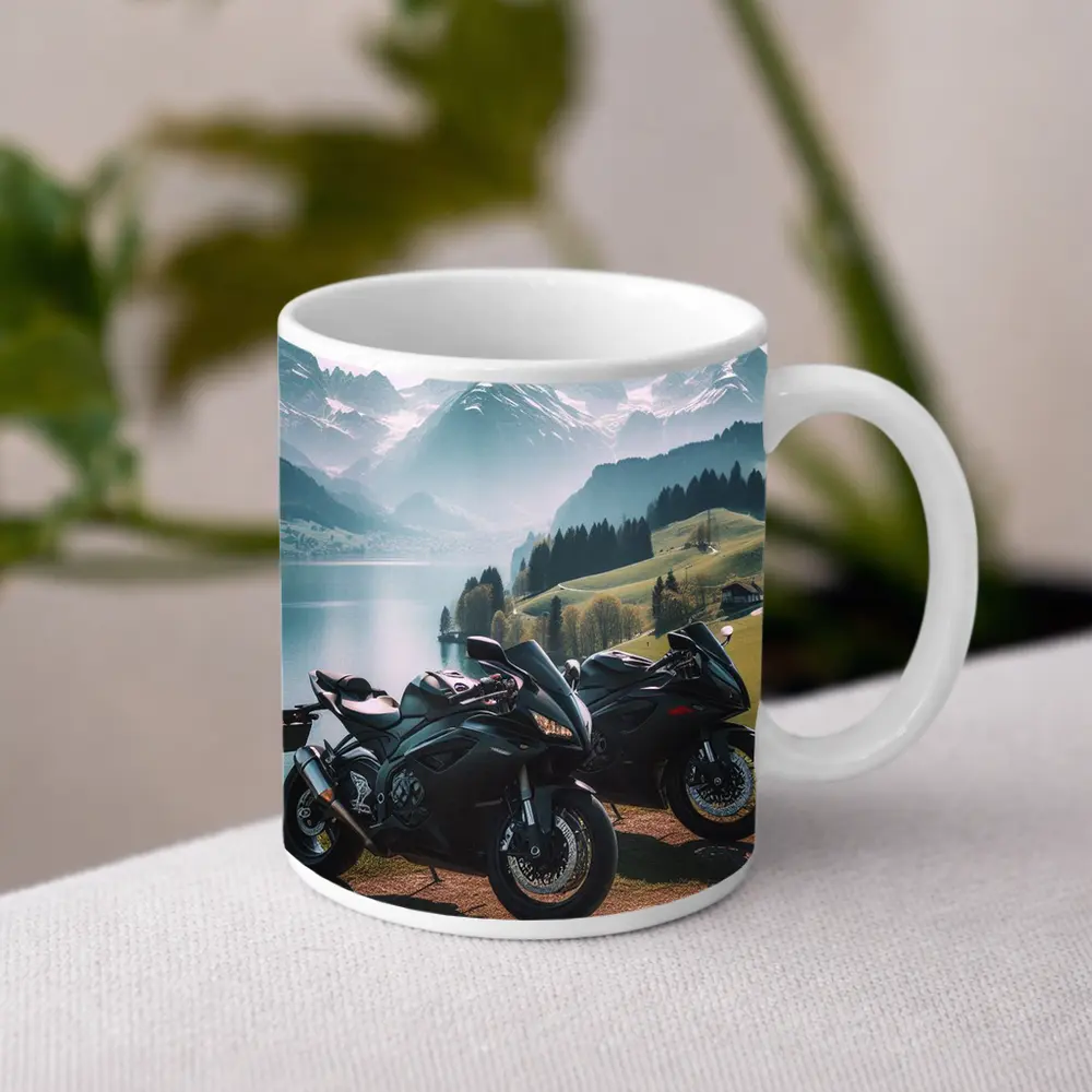 Sport Bikes Parked Alpine Lake Mountain Setting – Mugs