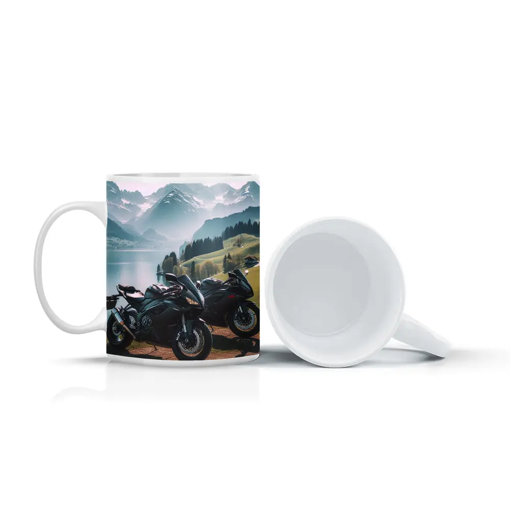 Sport Bikes Parked Alpine Lake Mountain Setting – Mugs