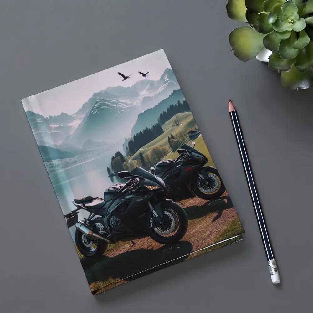 Sport Bikes Parked Alpine Lake Mountain Setting – Notebooks