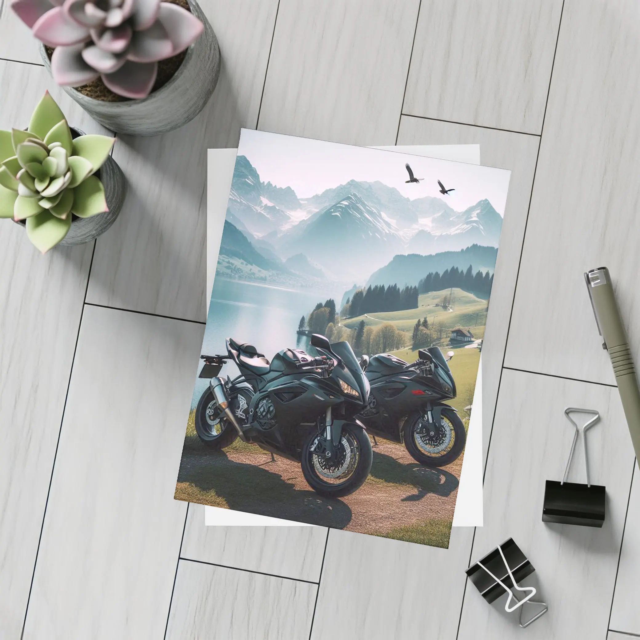 Sport Bikes Parked Alpine Lake Mountain Setting – Postcards