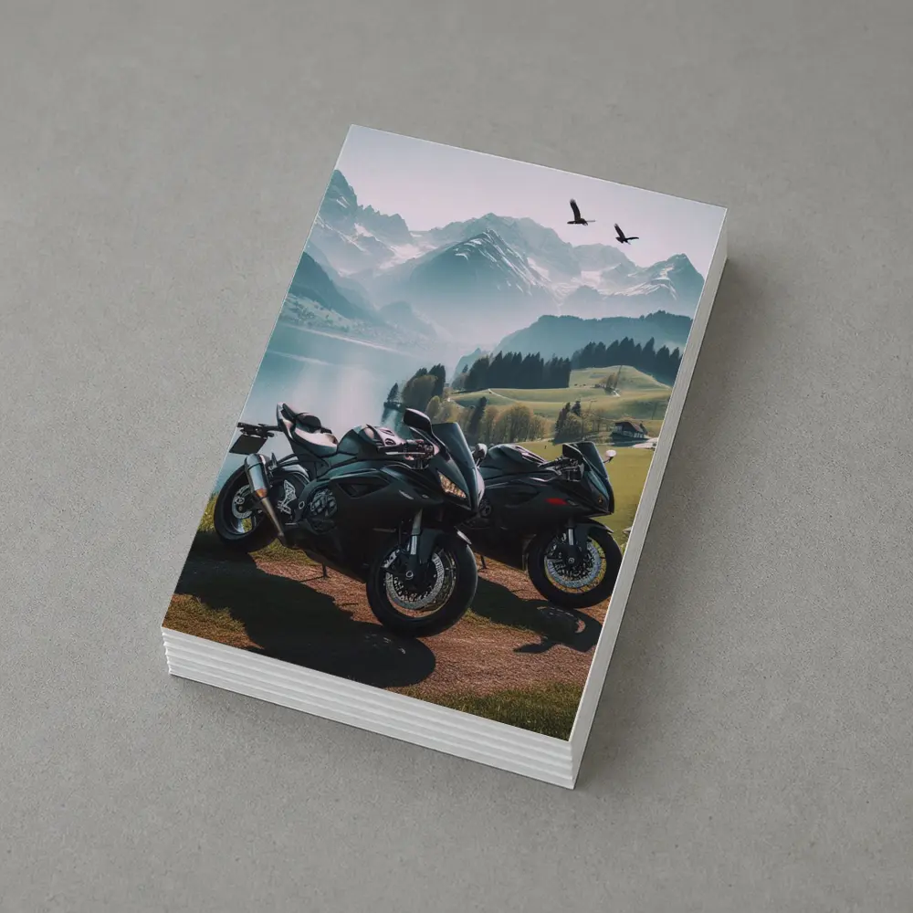 Sport Bikes Parked Alpine Lake Mountain Setting – Postcards