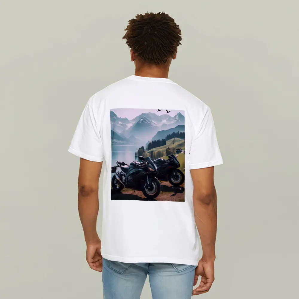 Sport Bikes Parked Alpine Lake Mountain Setting – T-Shirts