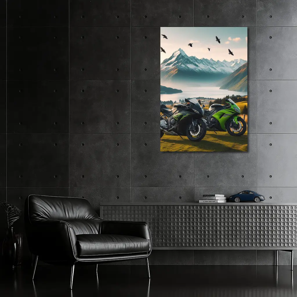 Kawasaki Sport Bikes Mountain Lake Landscape – Wall Art