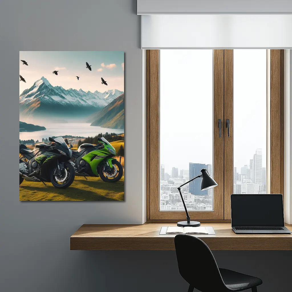 Kawasaki Sport Bikes Mountain Lake Landscape – Wall Art