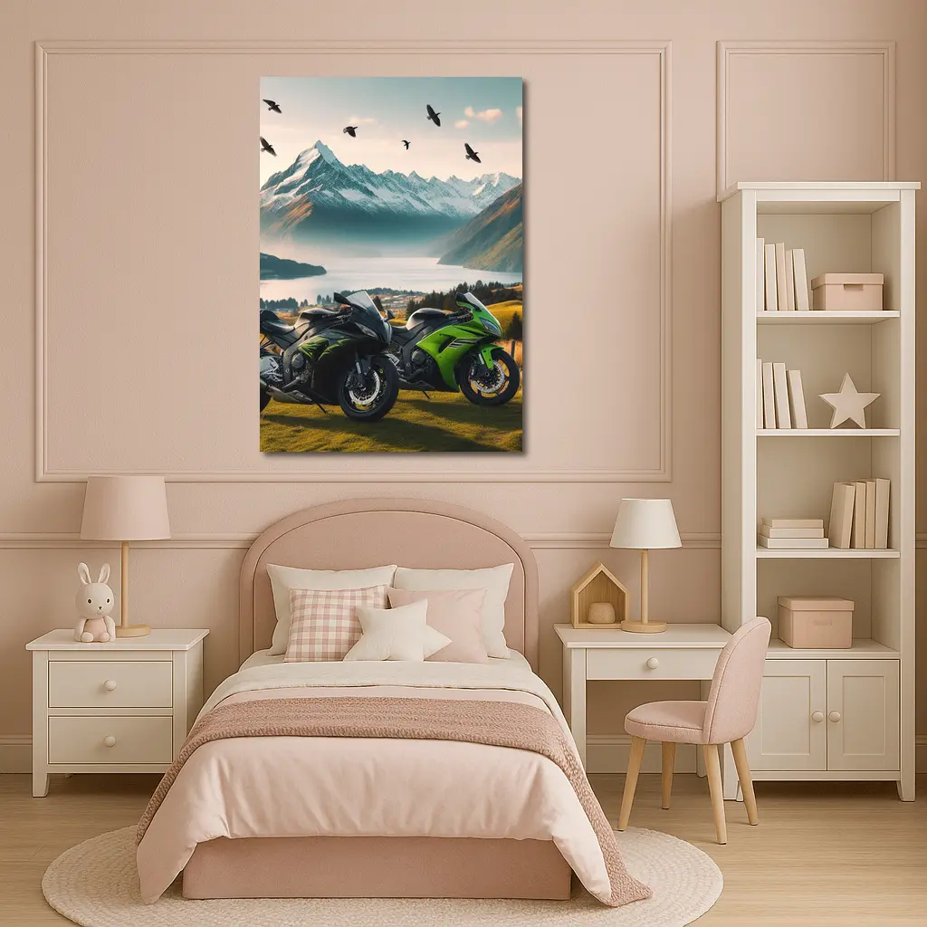Kawasaki Sport Bikes Mountain Lake Landscape – Wall Art