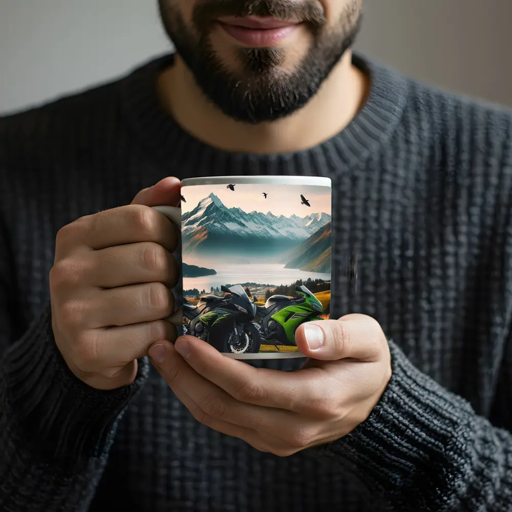 Kawasaki Sport Bikes Mountain Lake Landscape – Mugs