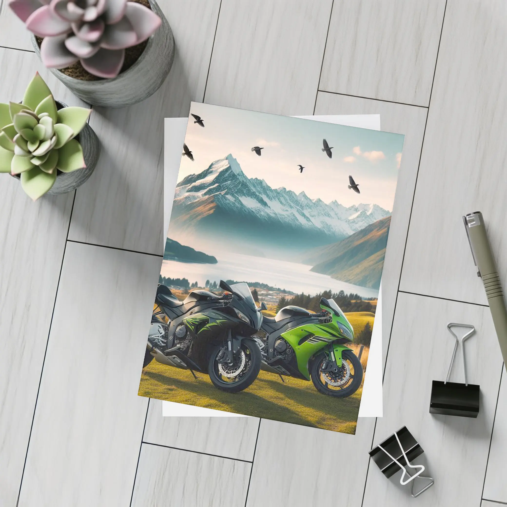 Kawasaki Sport Bikes Mountain Lake Landscape – Postcards