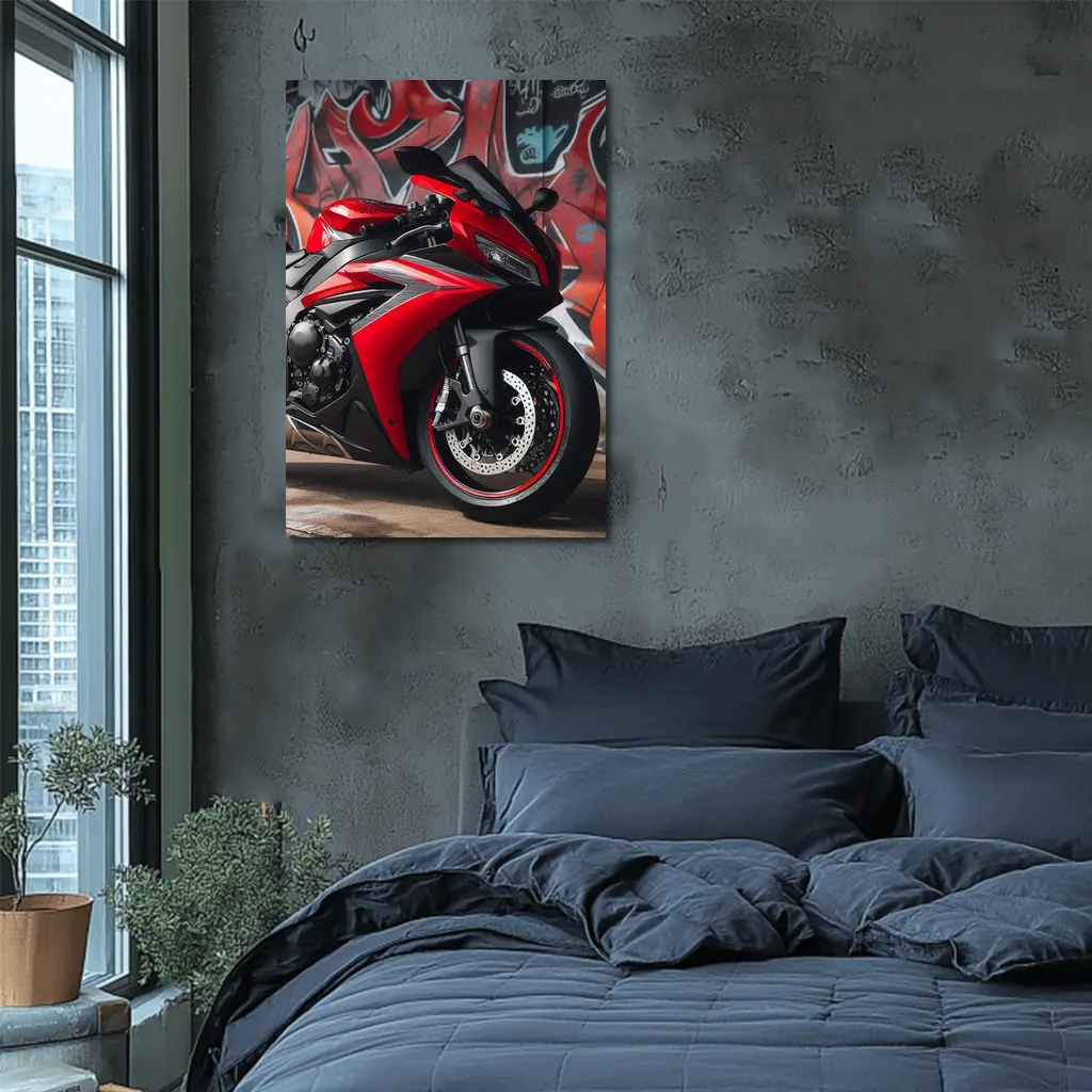 Red Sport Bike Against Graffiti Wall – Wall Art