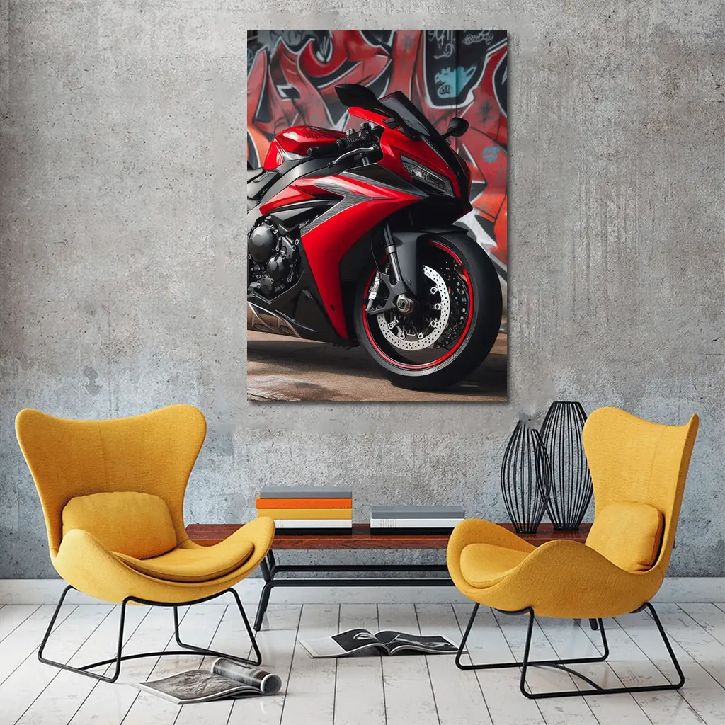Red Sport Bike Against Graffiti Wall – Wall Art