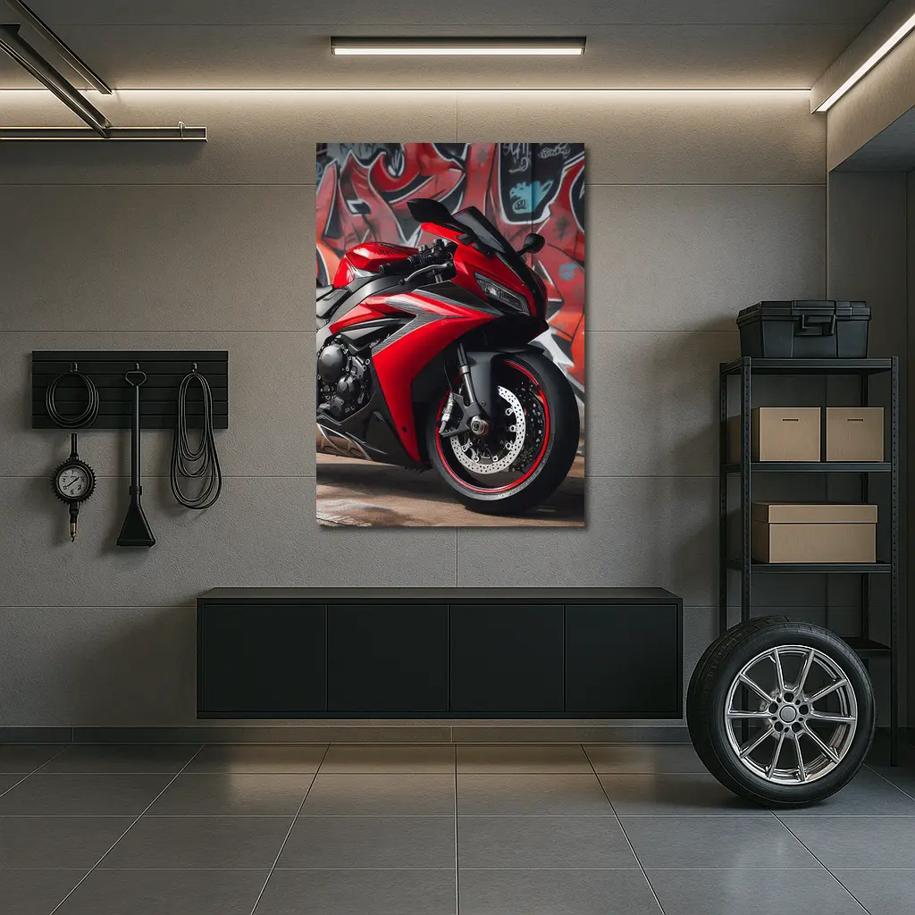Red Sport Bike Against Graffiti Wall – Wall Art