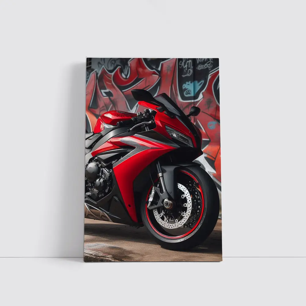Red Sport Bike Against Graffiti Wall – Wall Art