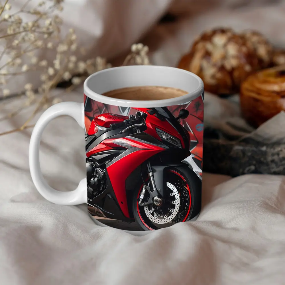 Red Sport Bike Against Graffiti Wall – Mugs