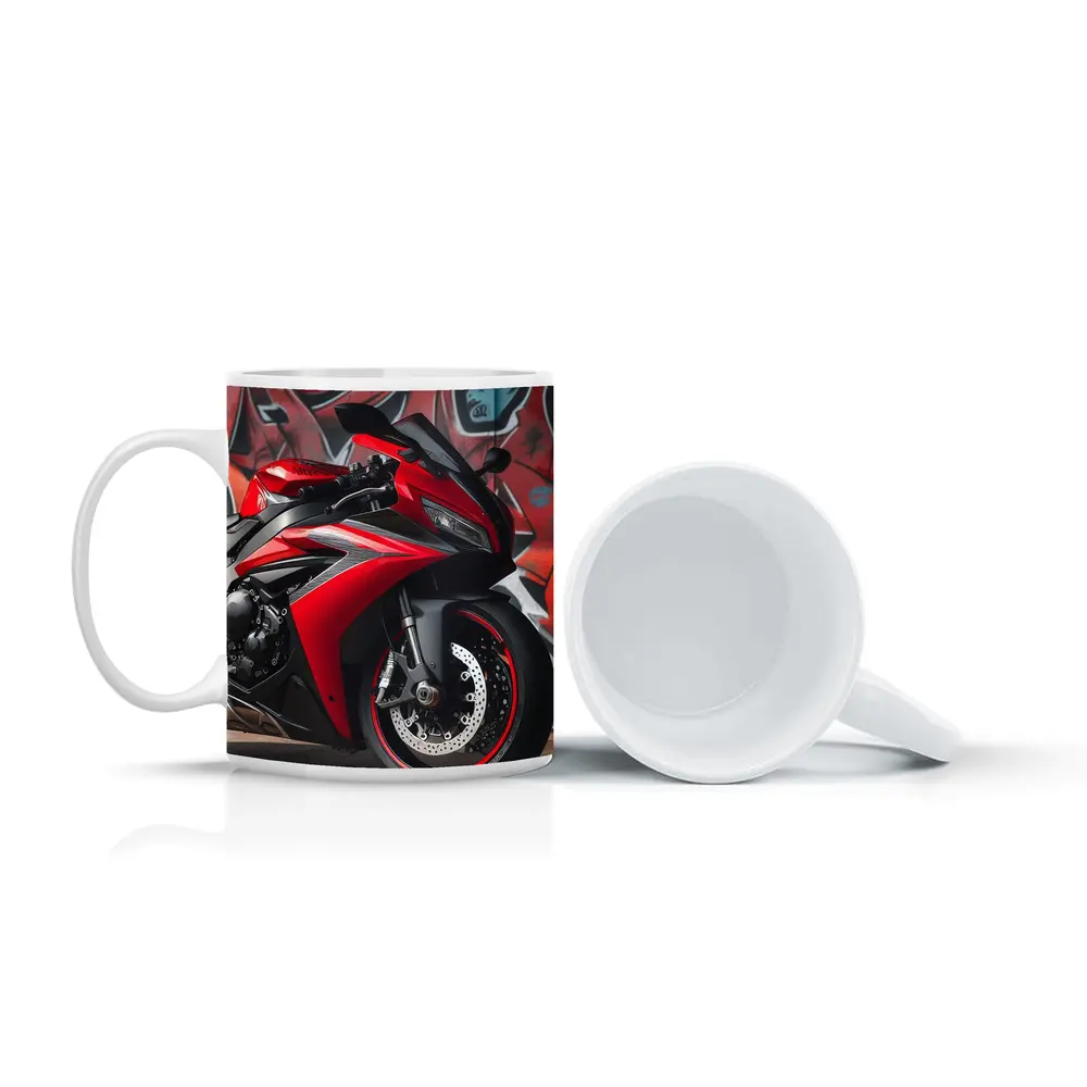Red Sport Bike Against Graffiti Wall – Mugs
