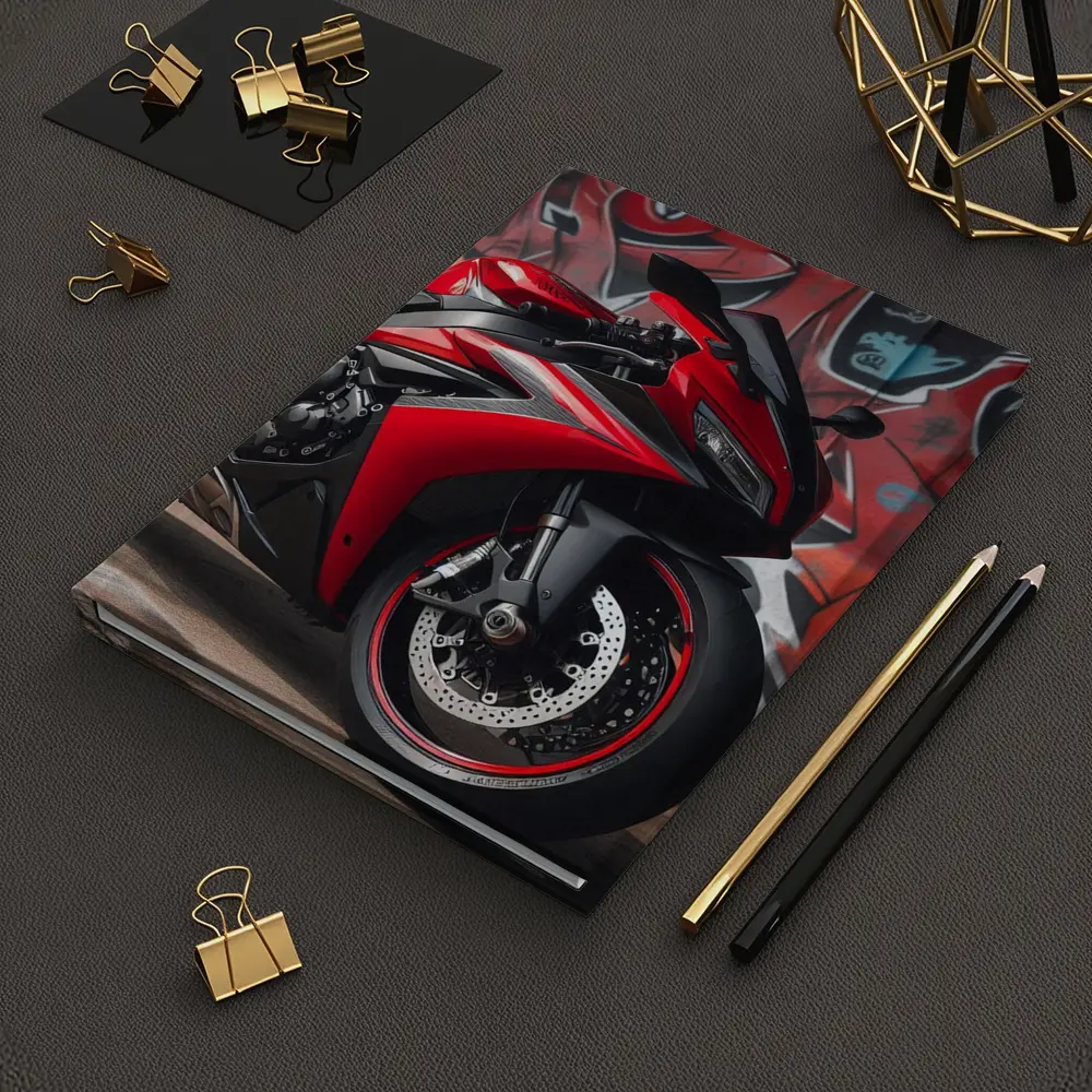 Red Sport Bike Against Graffiti Wall – Notebooks