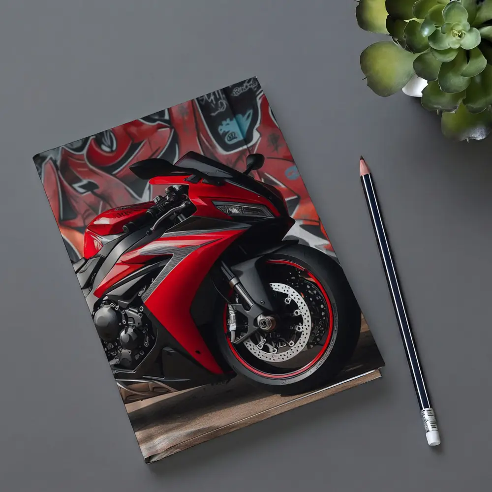 Red Sport Bike Against Graffiti Wall – Notebooks