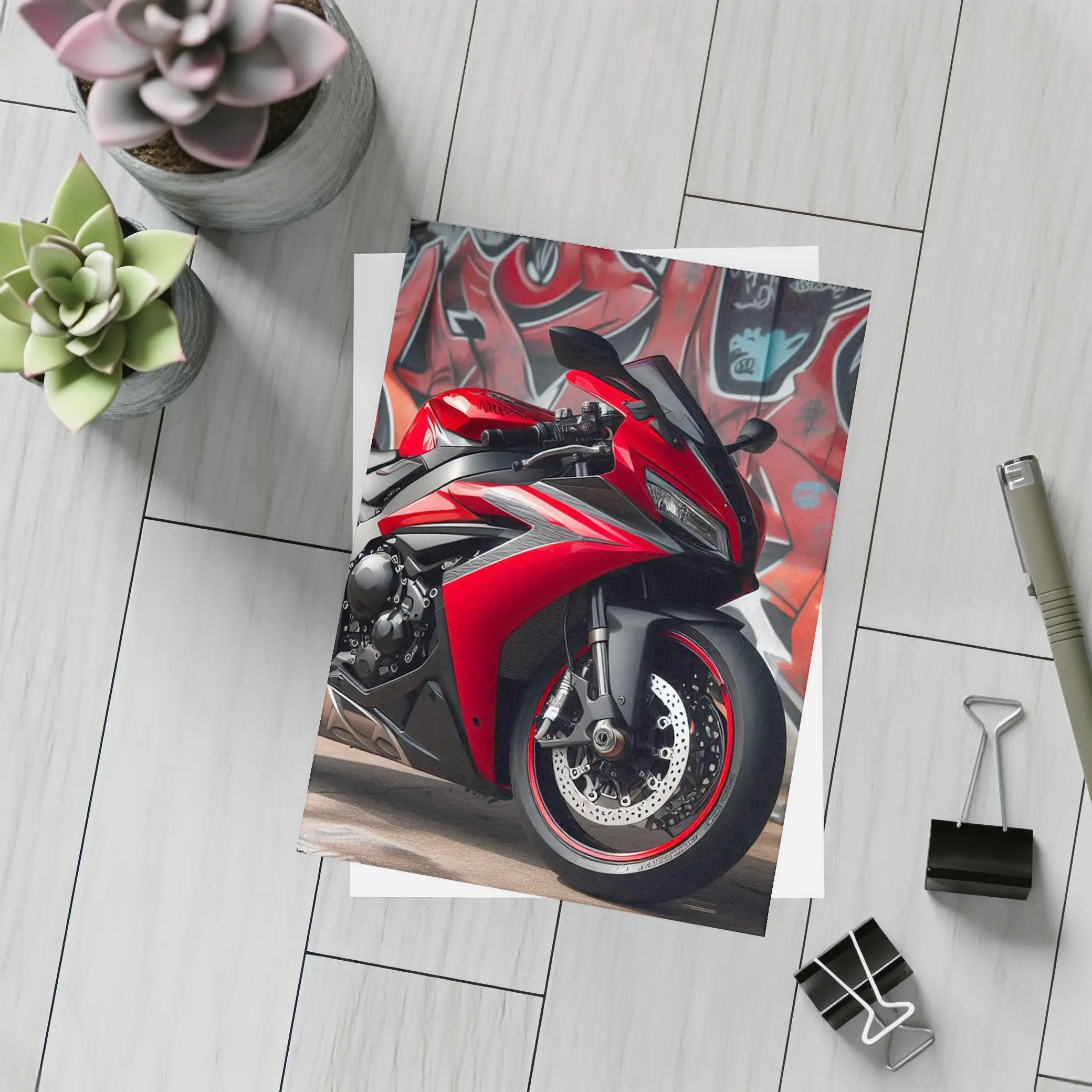 Red Sport Bike Against Graffiti Wall – Postcards