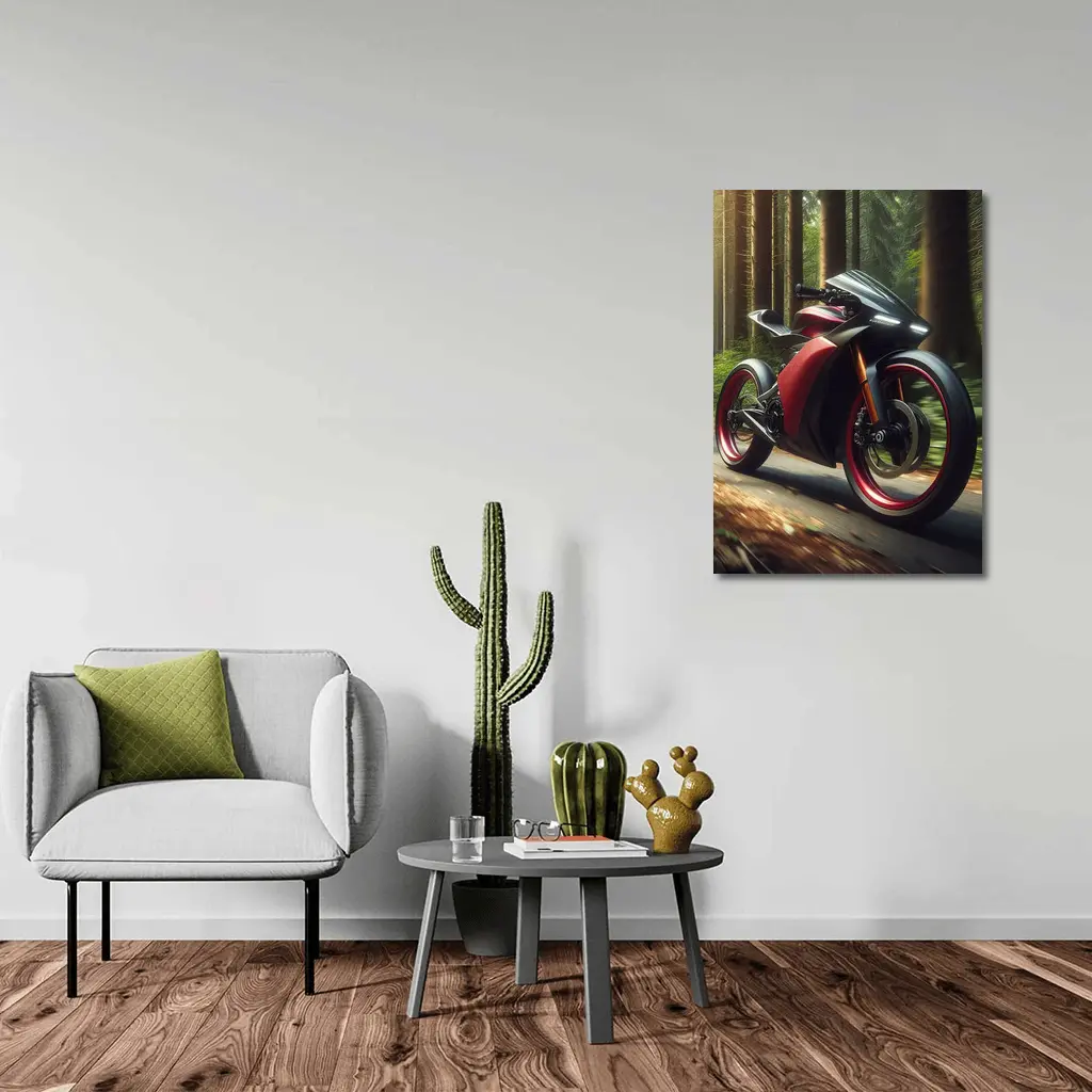 Red Black Sport Bike Racing Through Forest – Wall Art