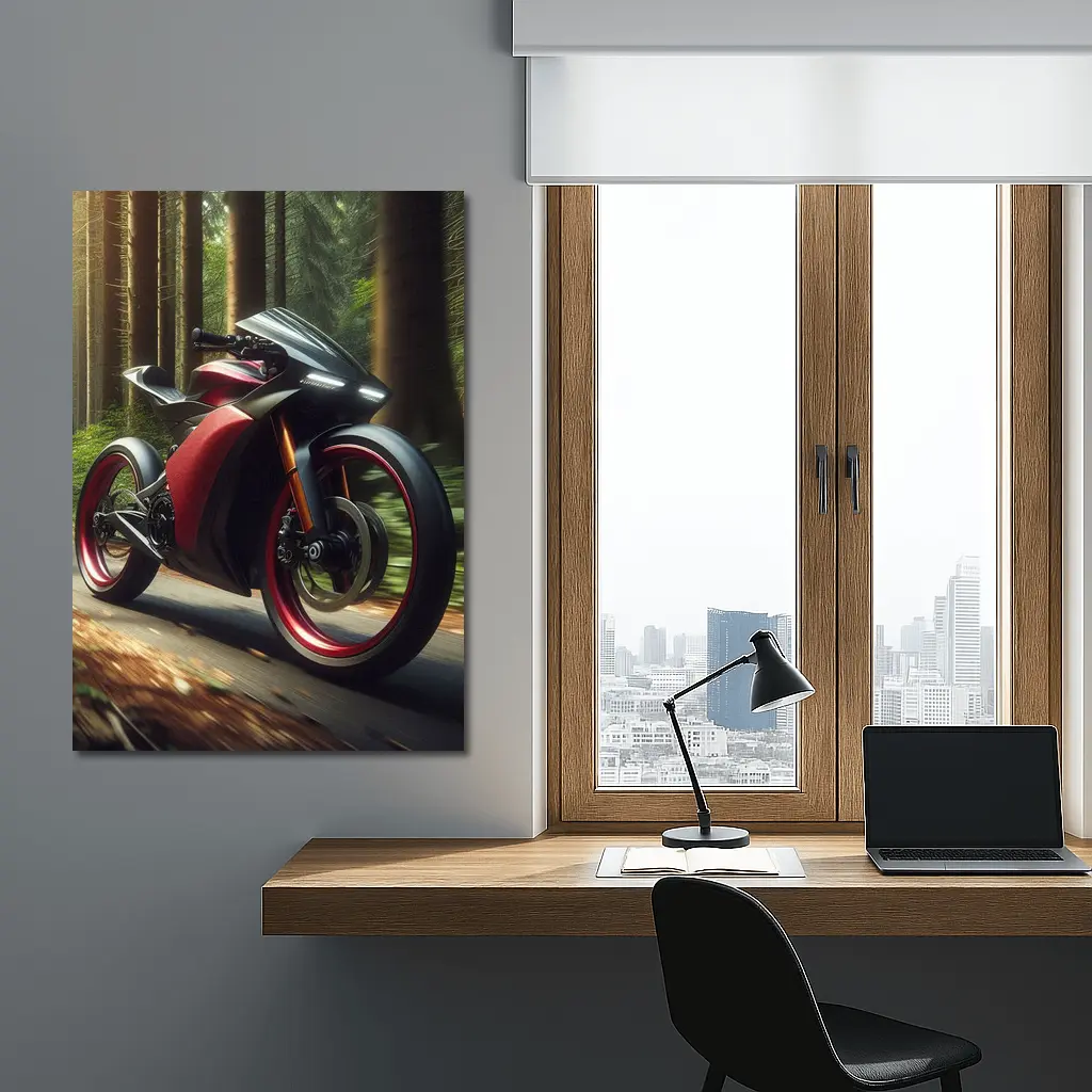 Red Black Sport Bike Racing Through Forest – Wall Art