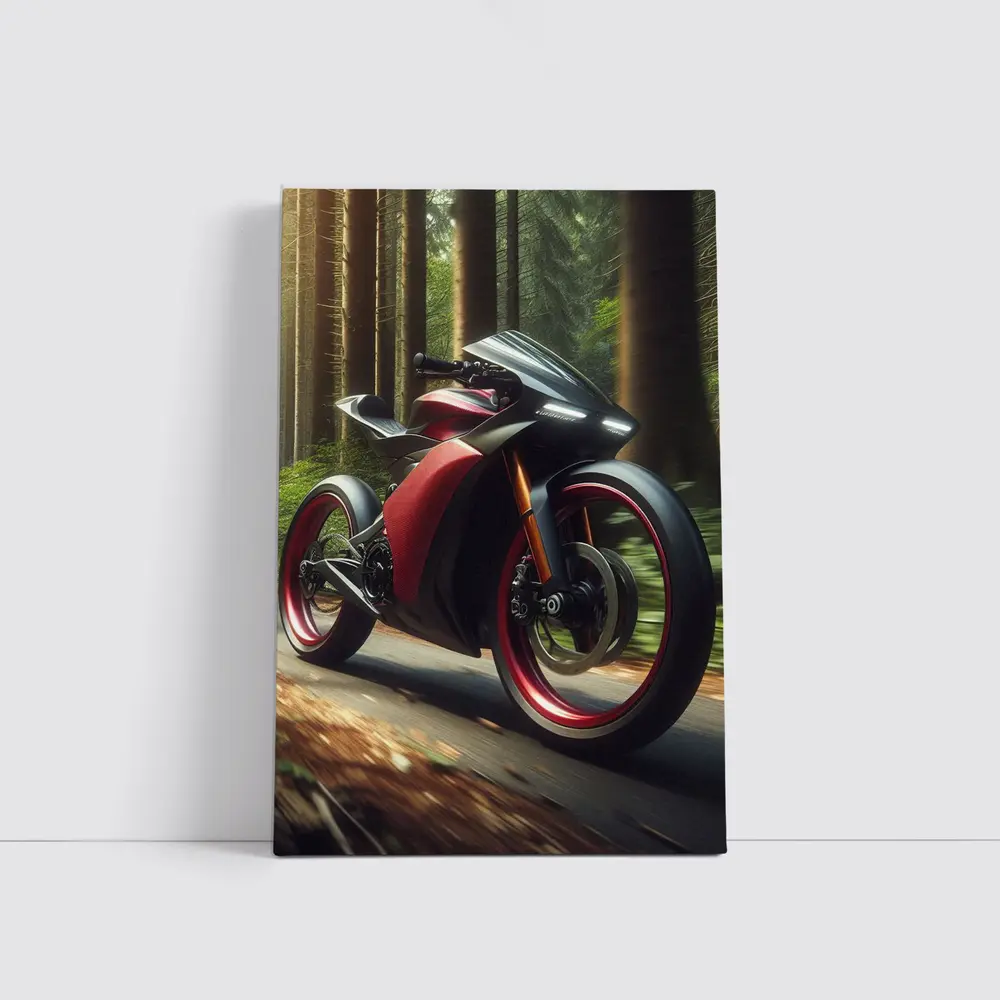 Red Black Sport Bike Racing Through Forest – Wall Art