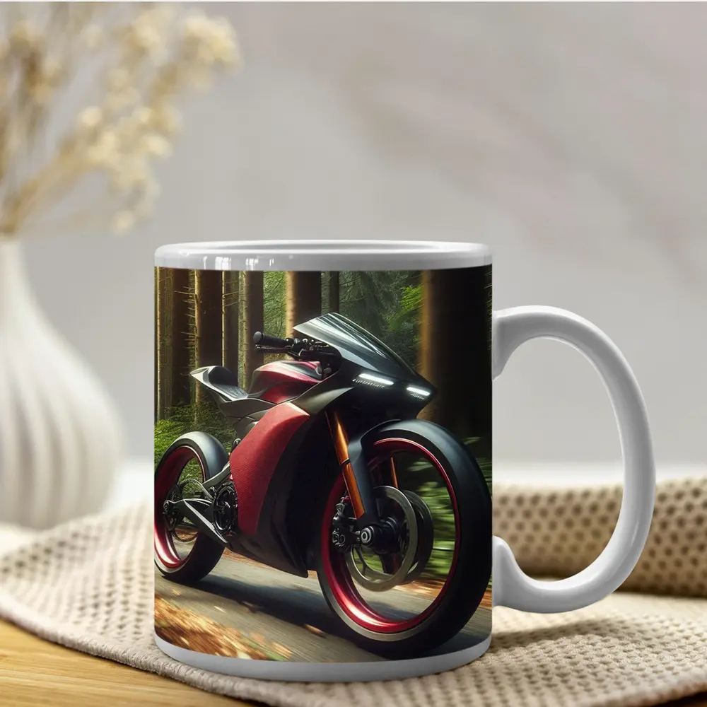 Red Black Sport Bike Racing Through Forest – Mugs