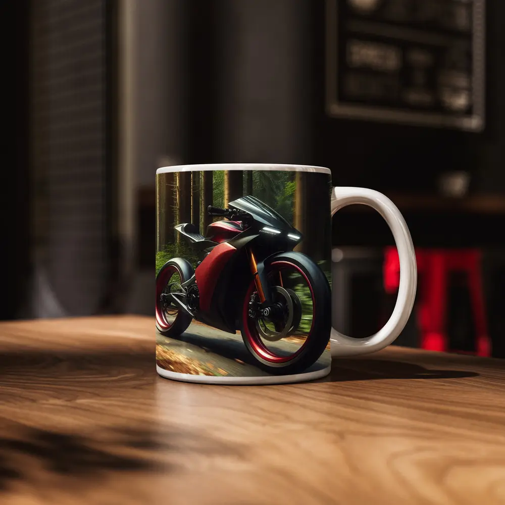 Red Black Sport Bike Racing Through Forest – Mugs