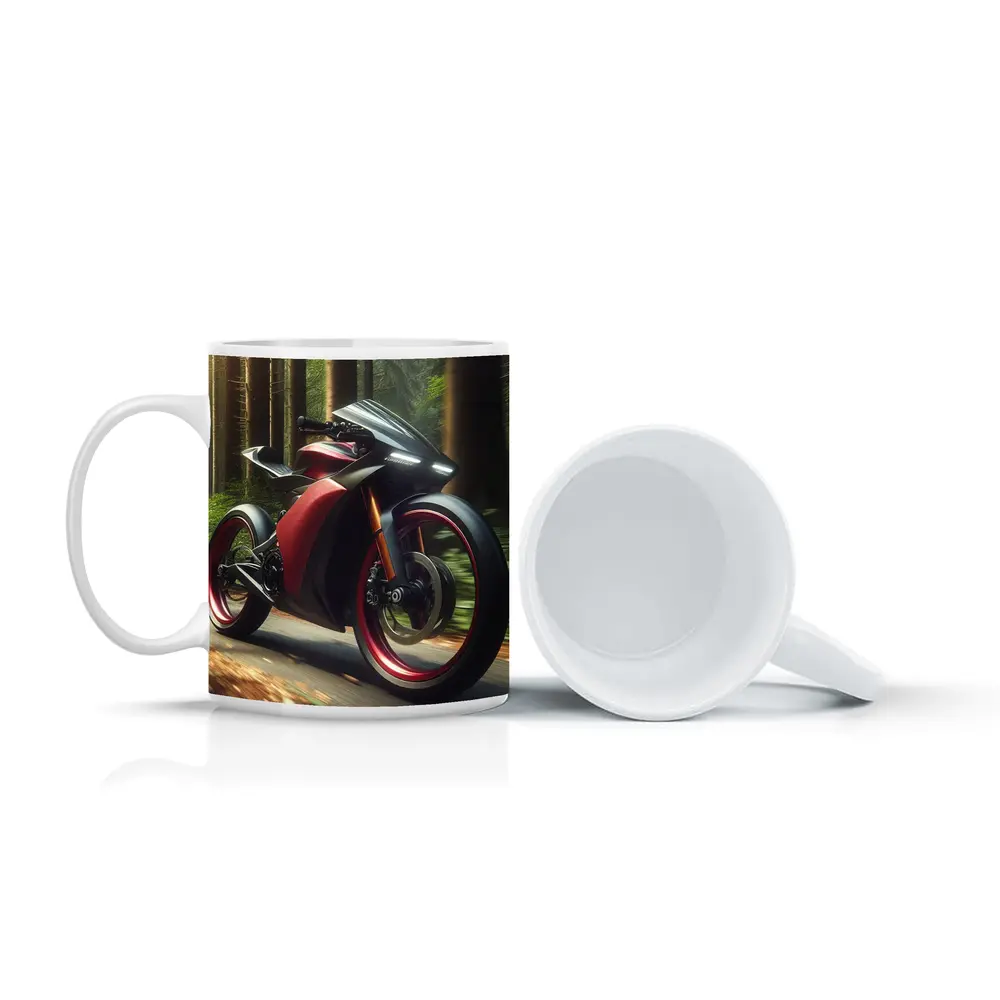 Red Black Sport Bike Racing Through Forest – Mugs