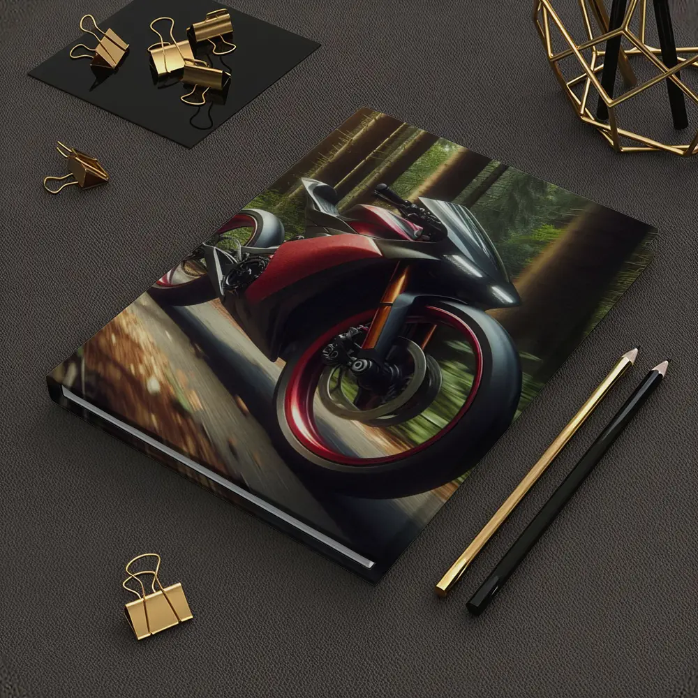 Red Black Sport Bike Racing Through Forest – Notebooks