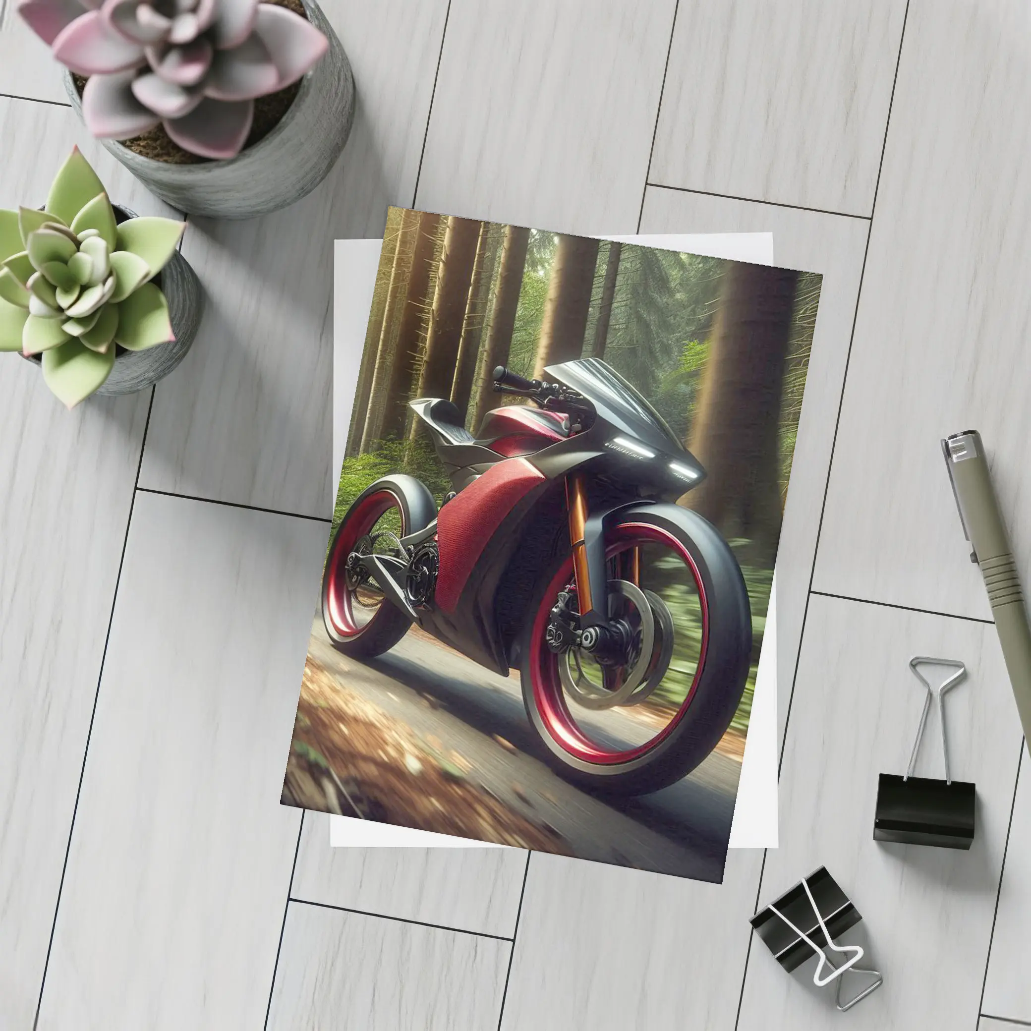 Red Black Sport Bike Racing Through Forest – Postcards