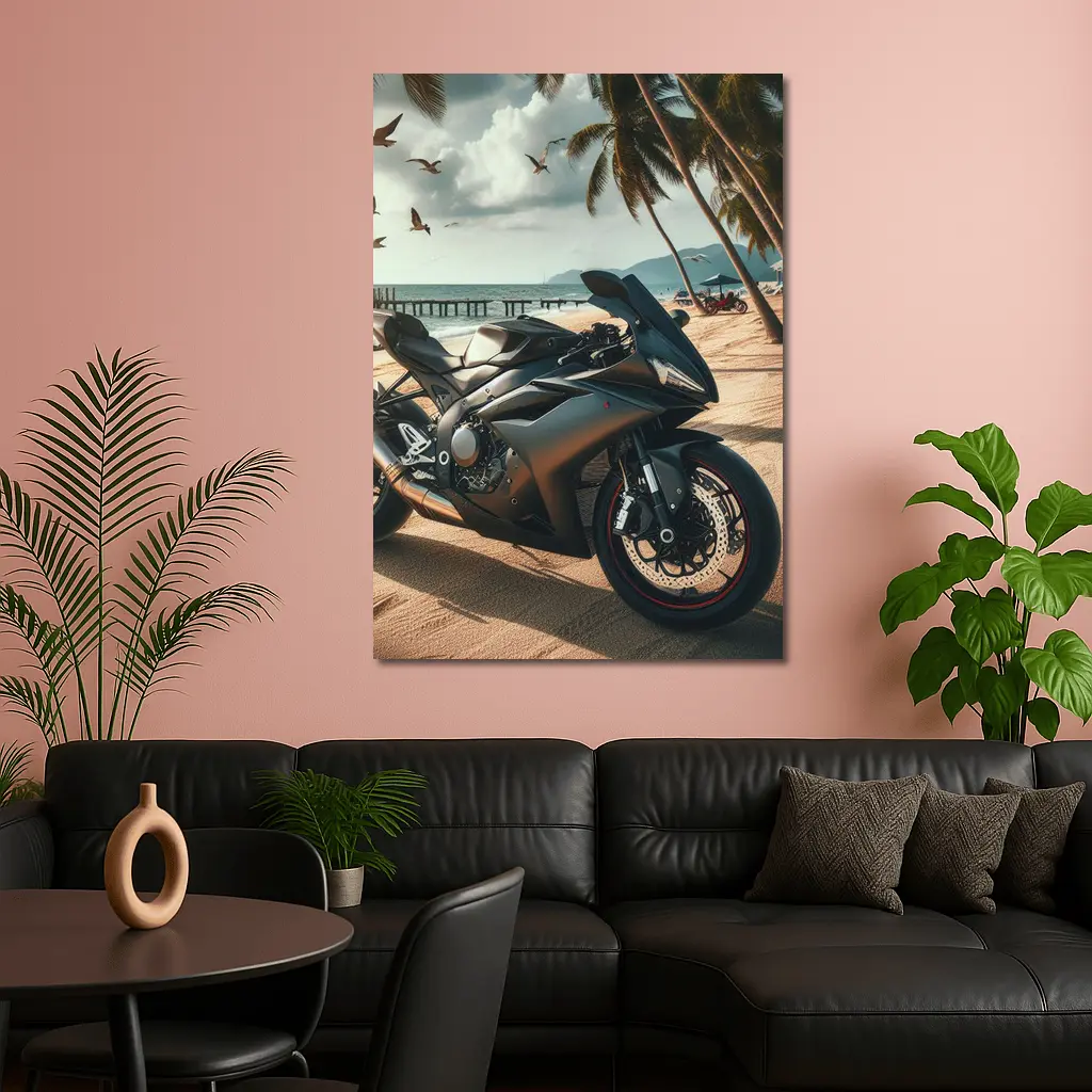 Sport Bike Superbike Parked on Tropical Beach – Wall Art