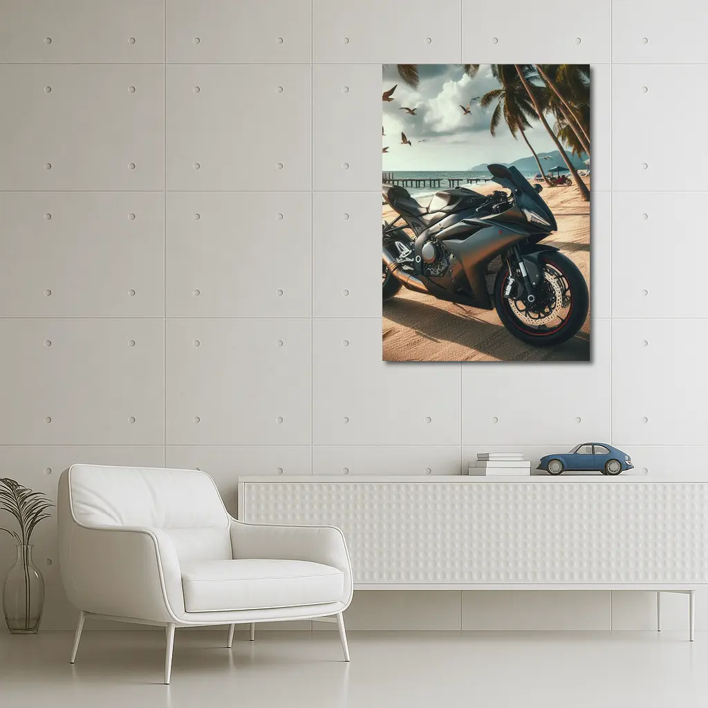 Sport Bike Superbike Parked on Tropical Beach – Wall Art