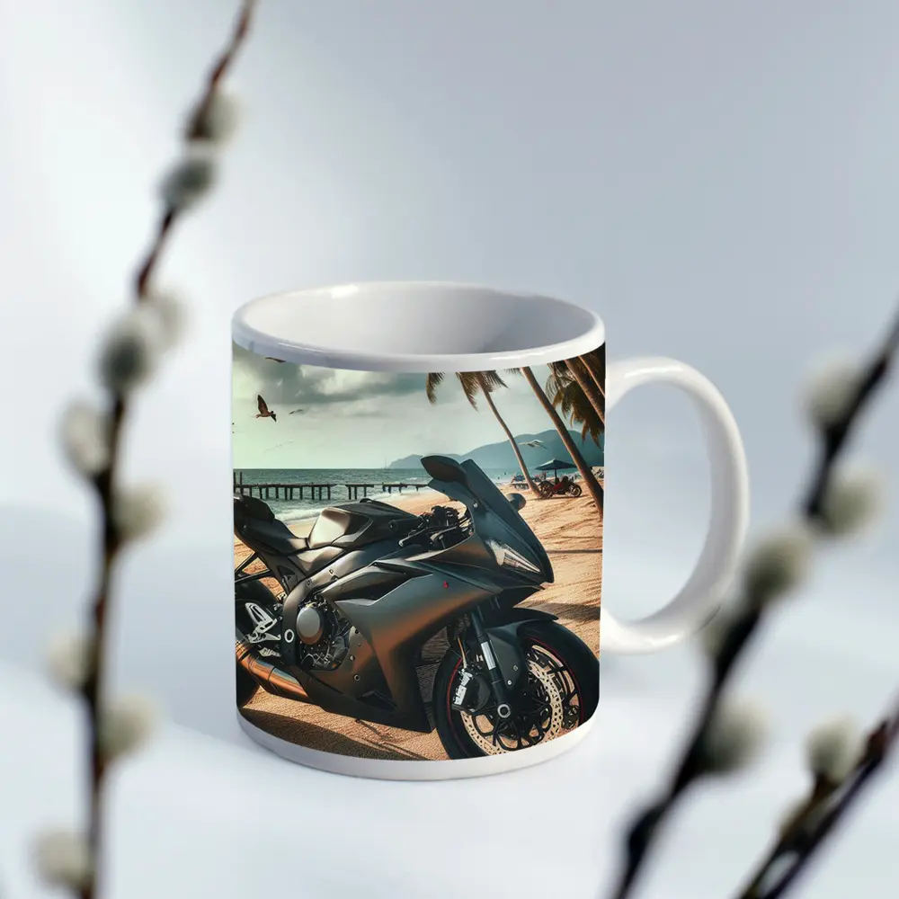 Sport Bike Superbike Parked on Tropical Beach – Mugs