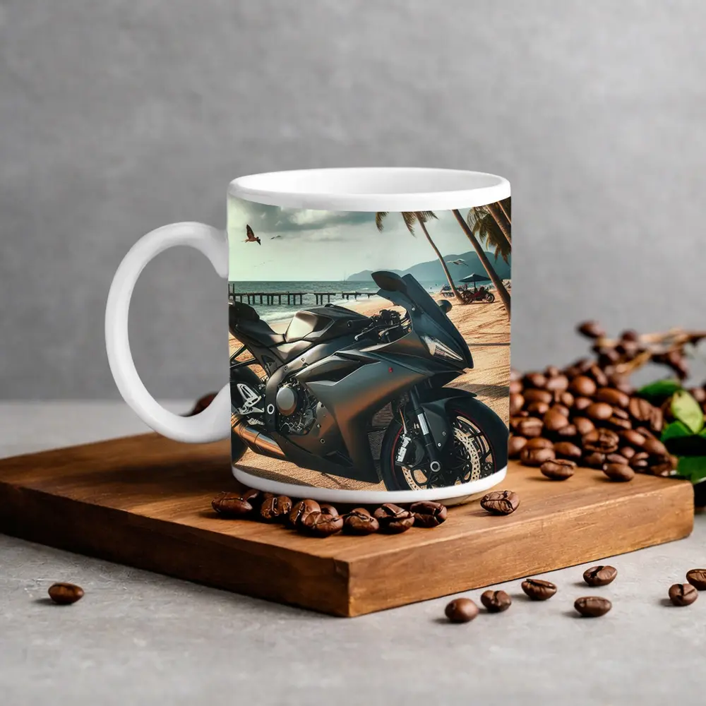 Sport Bike Superbike Parked on Tropical Beach – Mugs