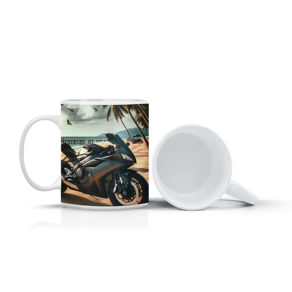 Sport Bike Superbike Parked on Tropical Beach – Mugs