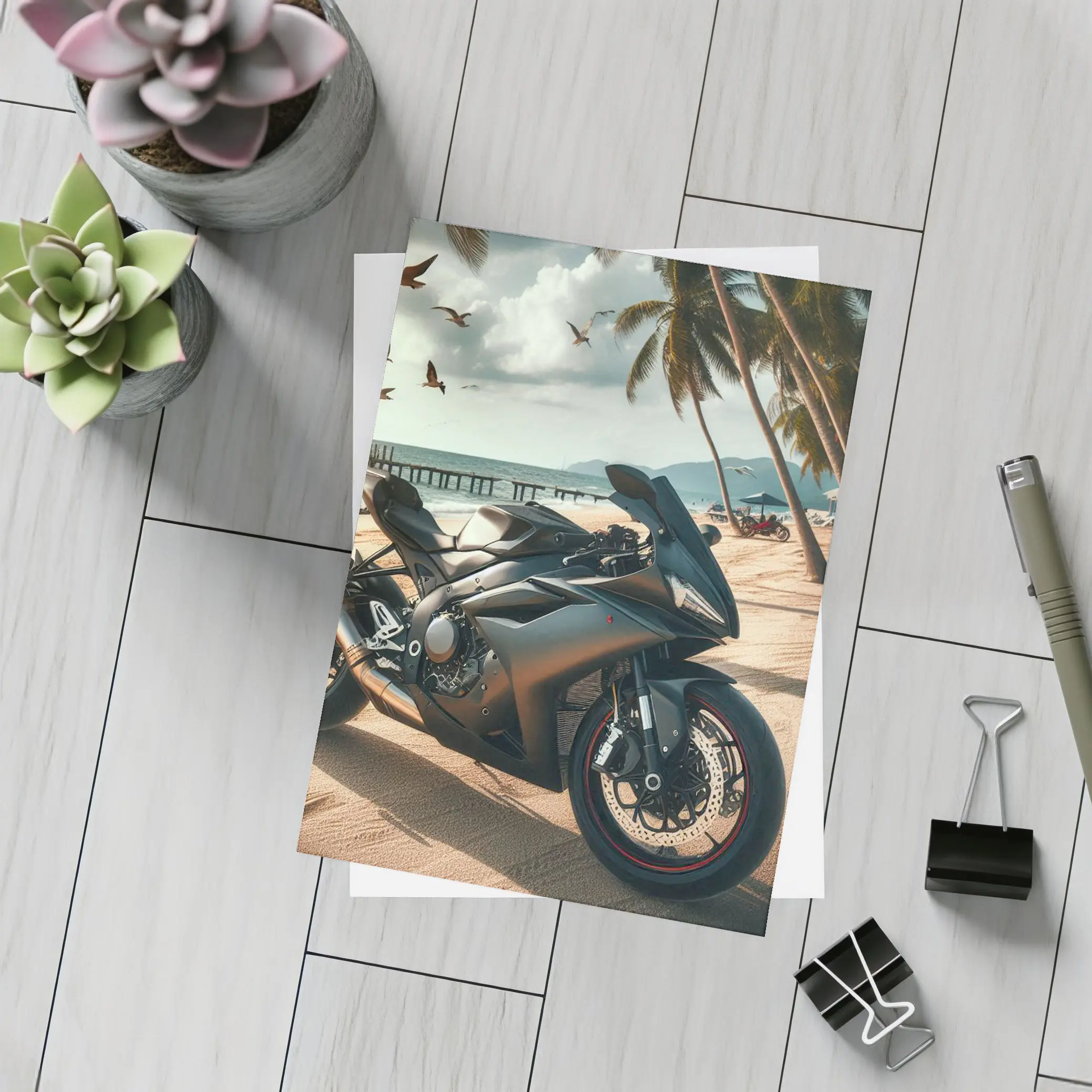 Sport Bike Superbike Parked on Tropical Beach – Postcards