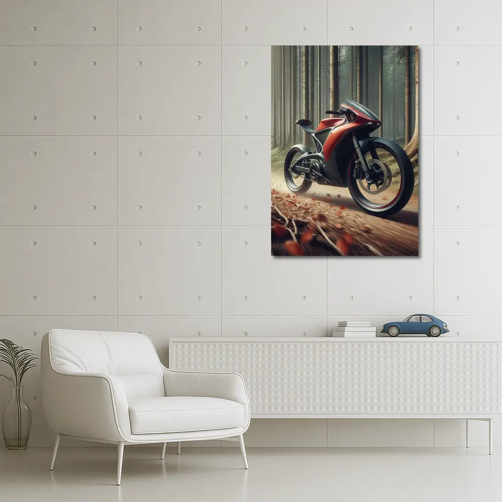 Red Futuristic Sport Bike Forest Trail – Wall Art