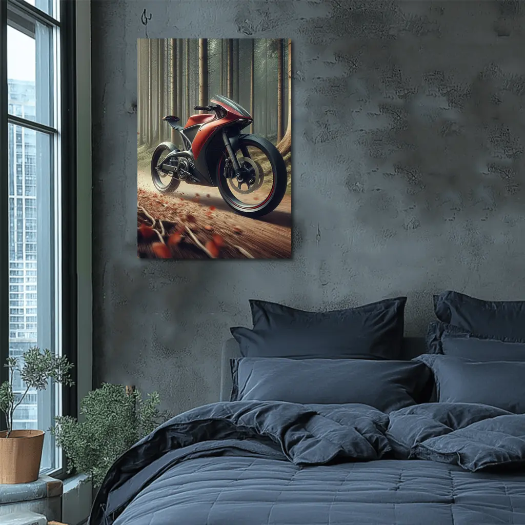 Red Futuristic Sport Bike Forest Trail – Wall Art