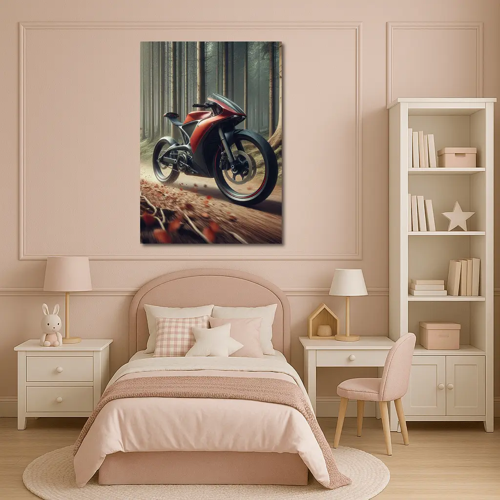 Red Futuristic Sport Bike Forest Trail – Wall Art