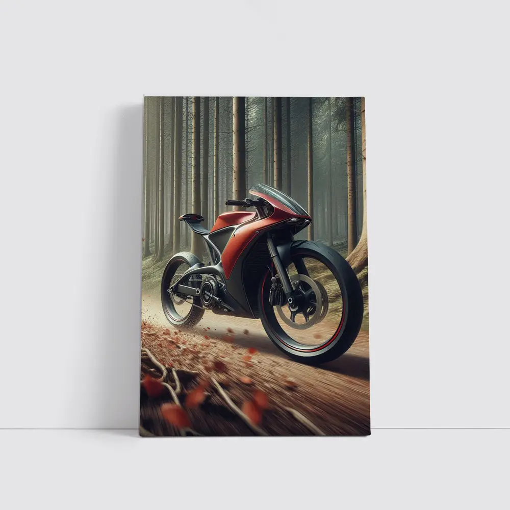 Red Futuristic Sport Bike Forest Trail – Wall Art