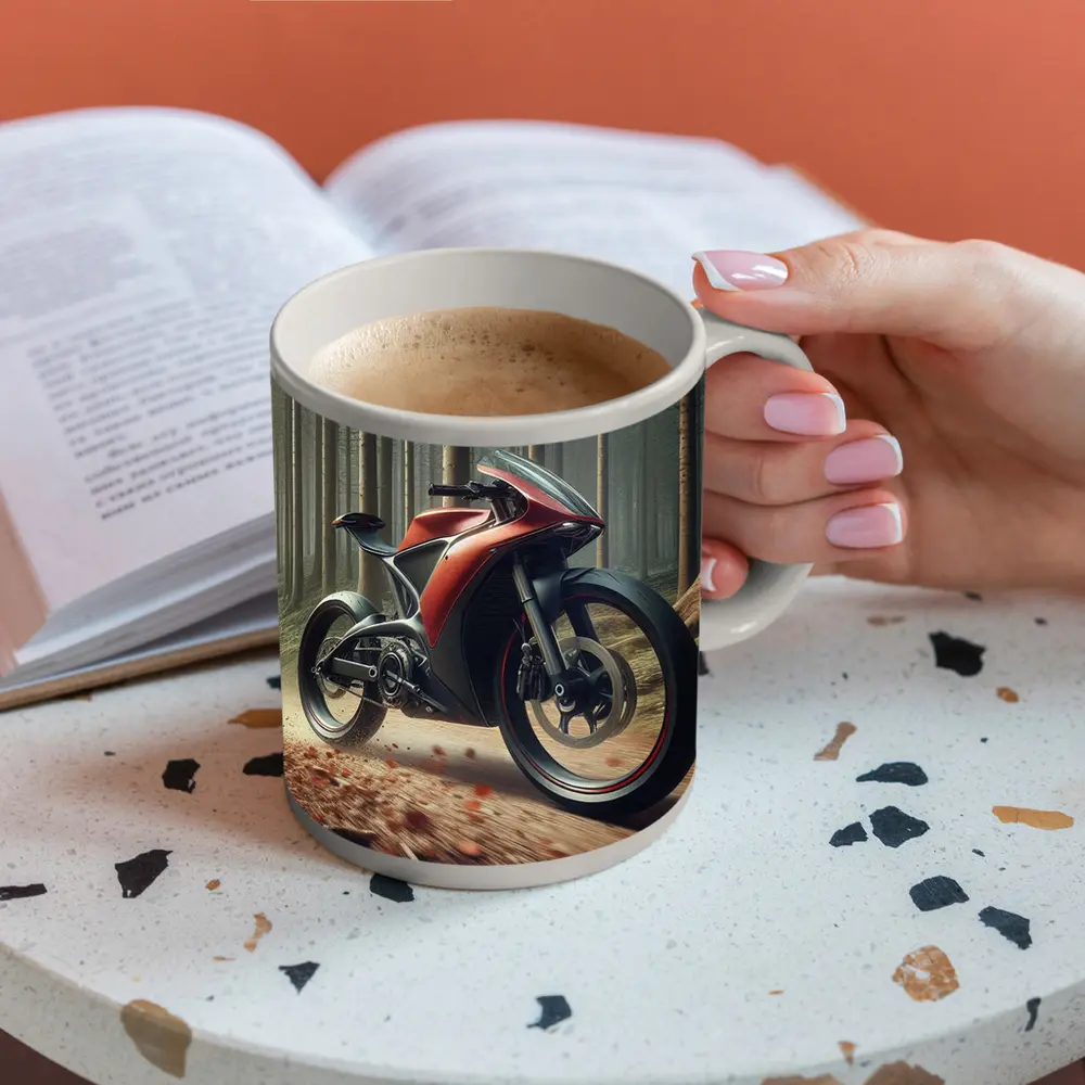 Red Futuristic Sport Bike Forest Trail – Mugs
