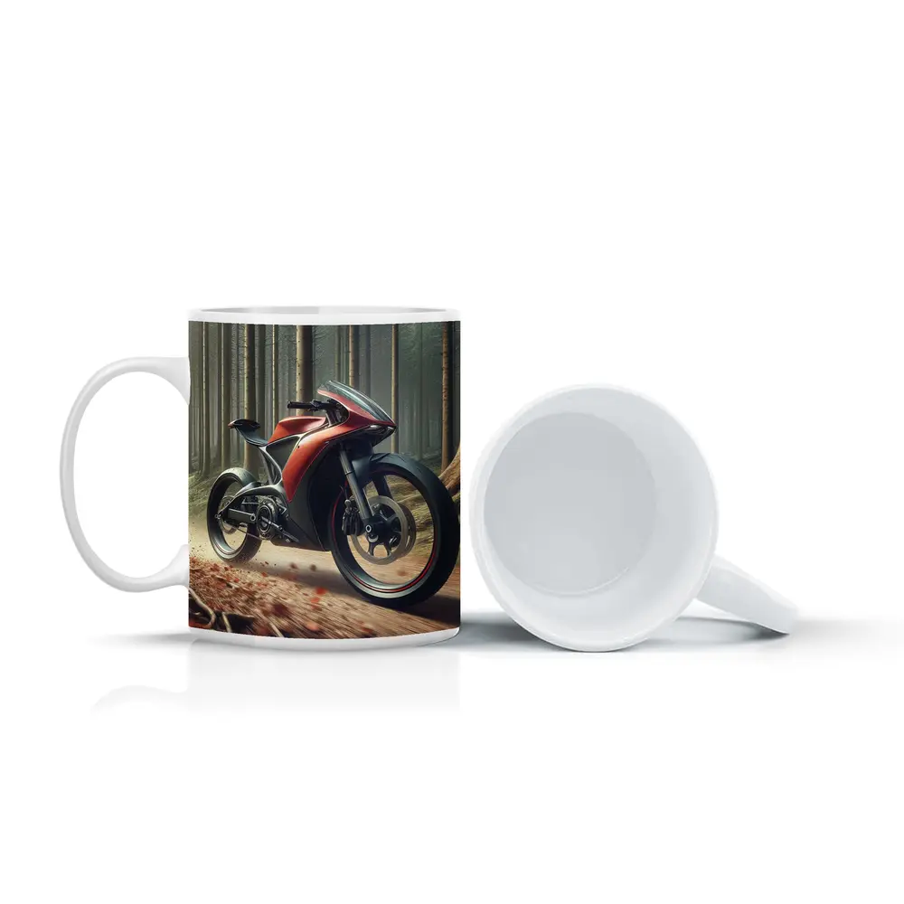 Red Futuristic Sport Bike Forest Trail – Mugs