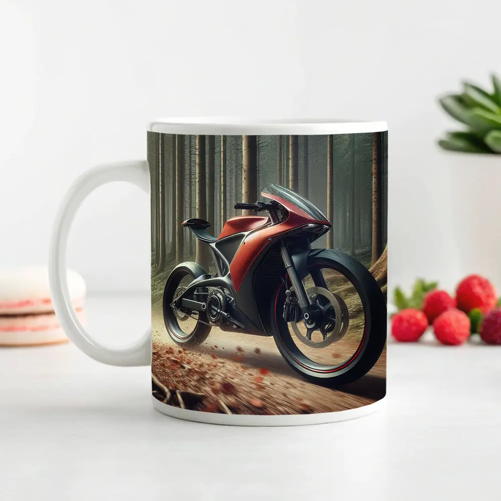 Red Futuristic Sport Bike Forest Trail – Mugs