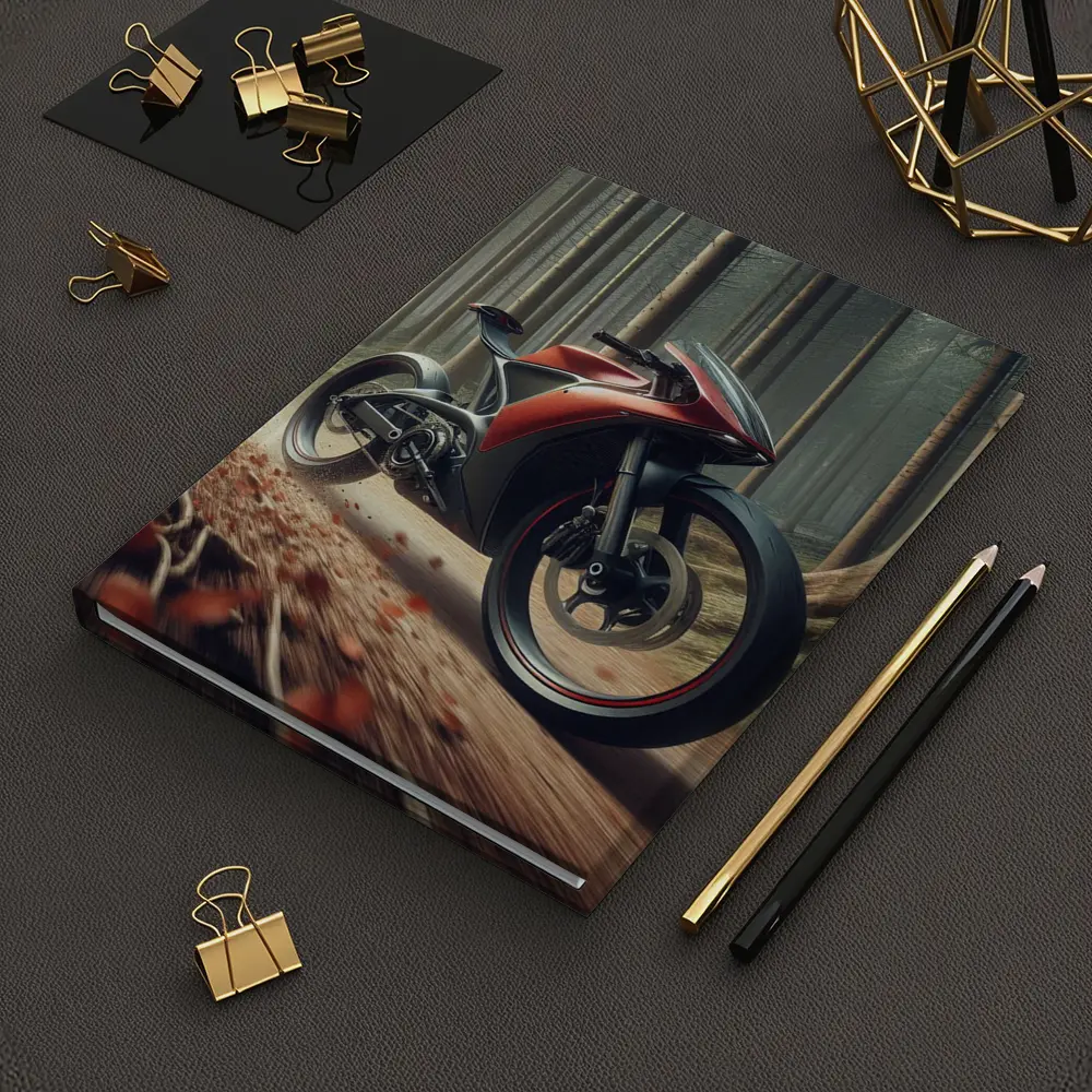 Red Futuristic Sport Bike Forest Trail – Notebooks