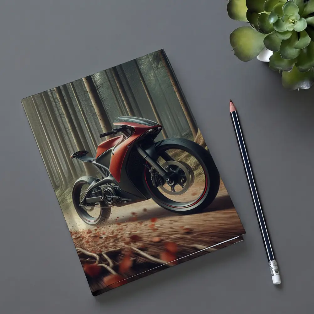 Red Futuristic Sport Bike Forest Trail – Notebooks