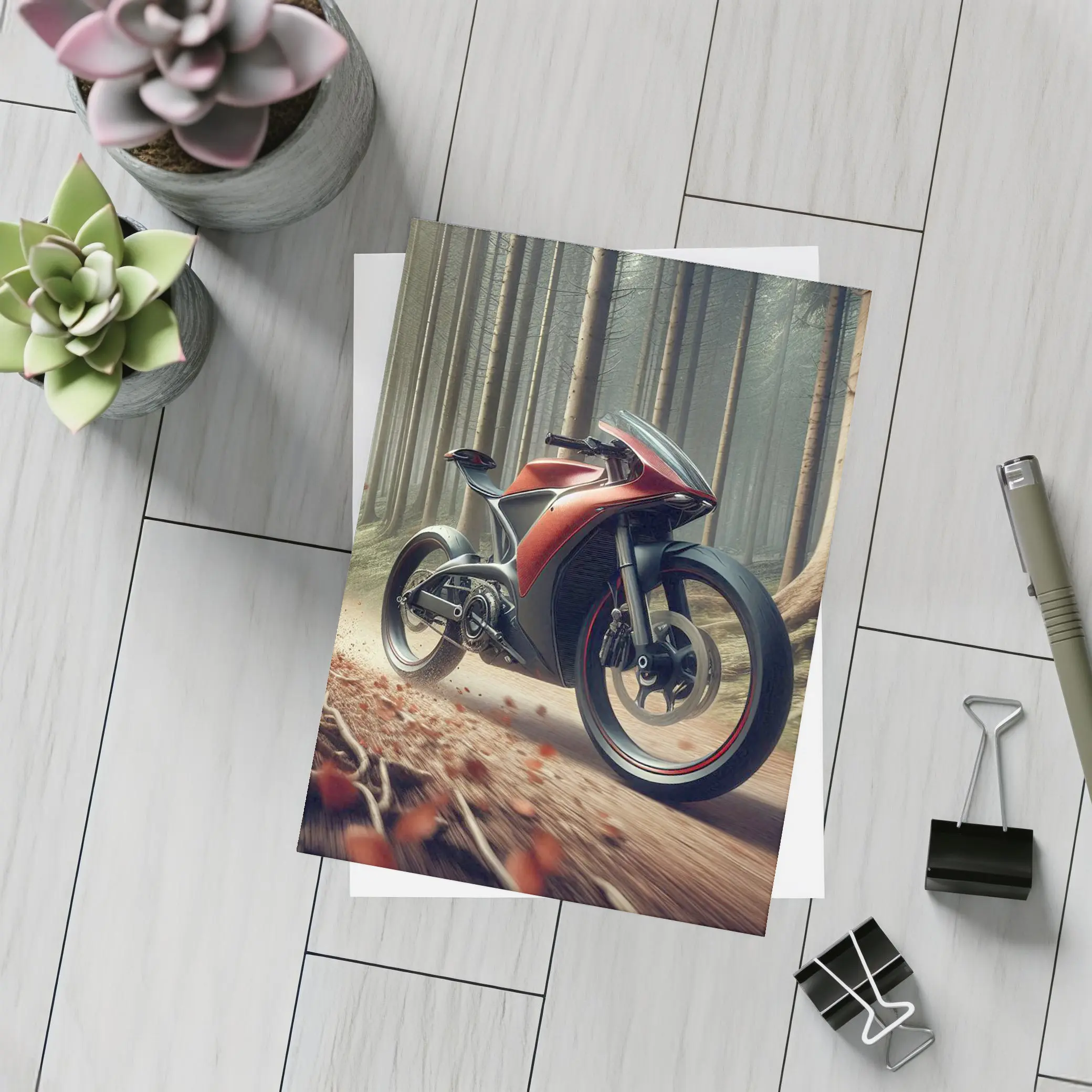 Red Futuristic Sport Bike Forest Trail – Postcards