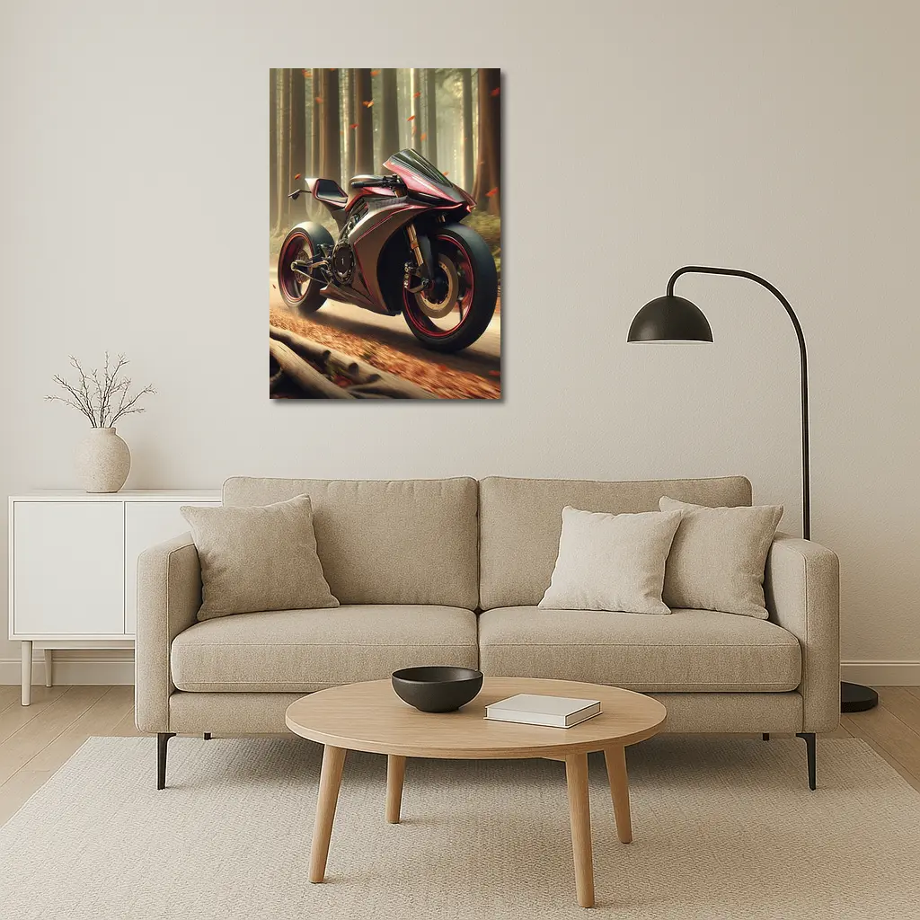 Futuristic Sport Bike Red Forest Background – Wall Art
