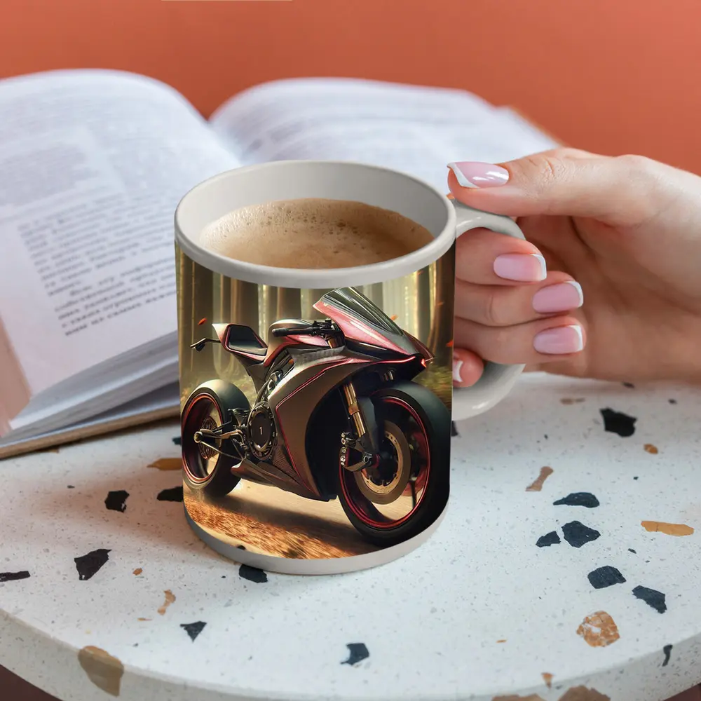Futuristic Sport Bike Red Forest Background – Mugs