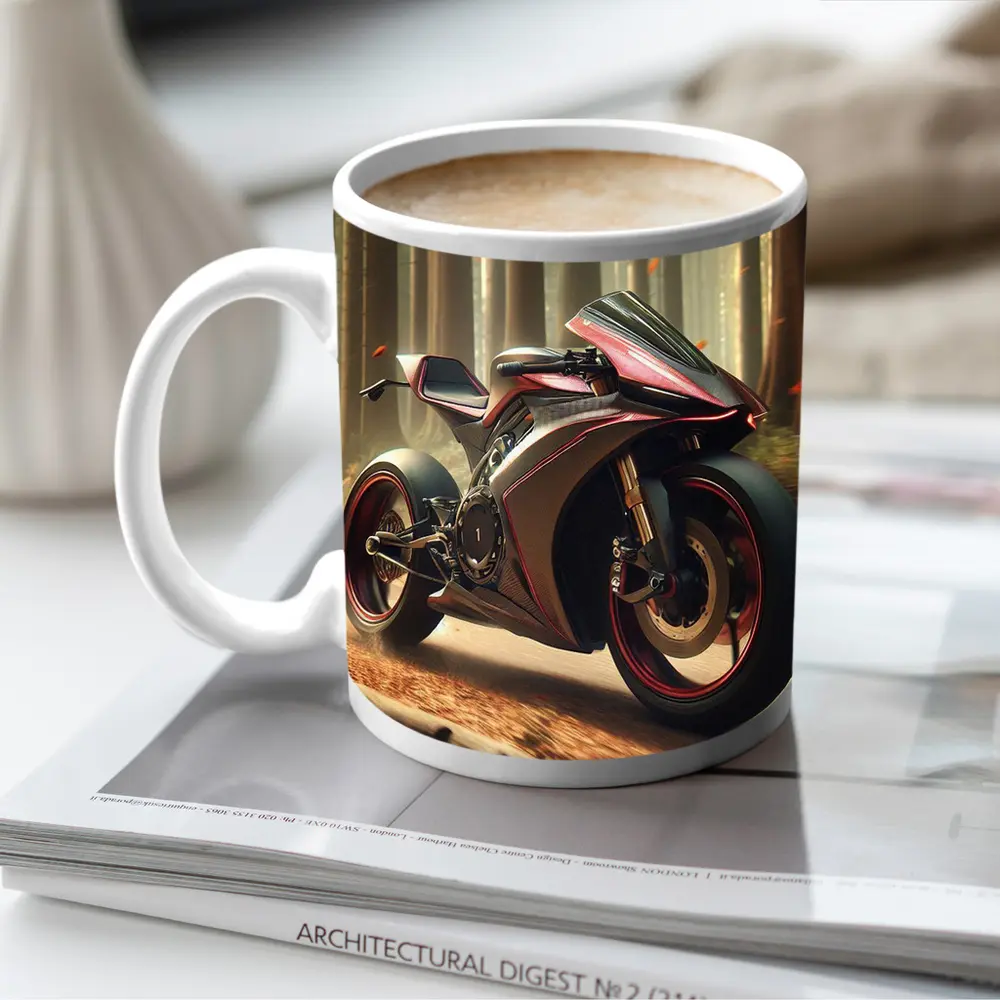Futuristic Sport Bike Red Forest Background – Mugs