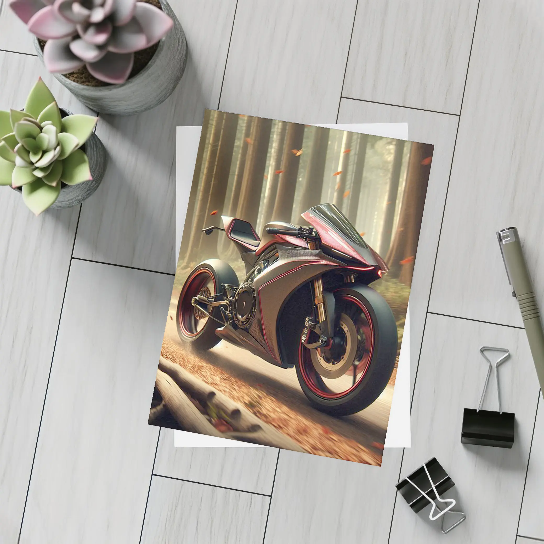 Futuristic Sport Bike Red Forest Background – Postcards