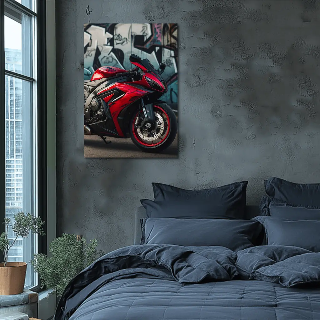 Red Sport Bike Against Graffiti Wall – Wall Art