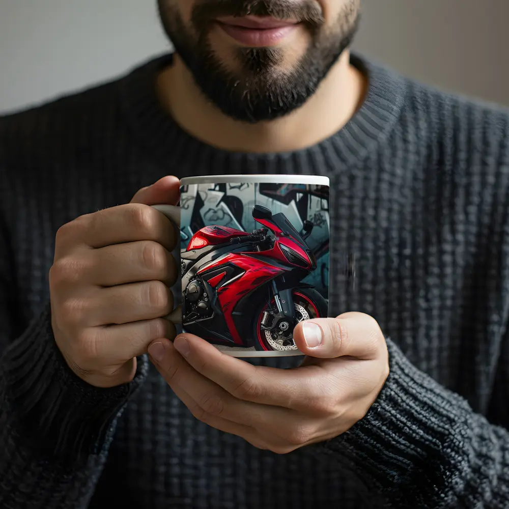 Red Sport Bike Against Graffiti Wall – Mugs